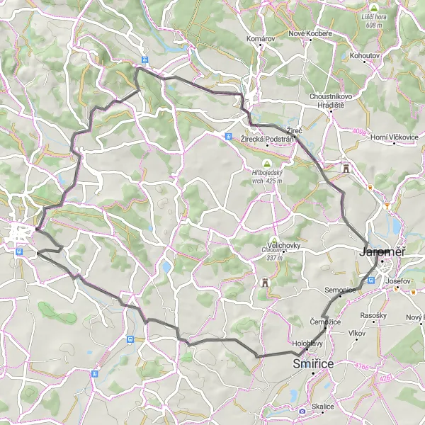 Mapa miniatúra "Turistiká trasa přes Černožice a Žireč" cyklistická inšpirácia v Severovýchod, Czech Republic. Vygenerované cyklistickým plánovačom trás Tarmacs.app