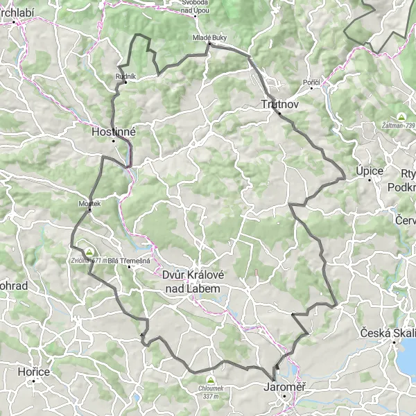 Map miniature of "Jaroměř Extended Cycling Adventure" cycling inspiration in Severovýchod, Czech Republic. Generated by Tarmacs.app cycling route planner