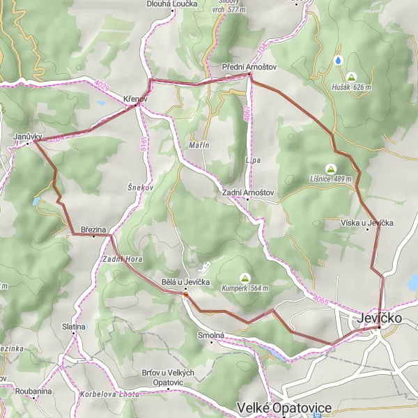 Map miniature of "Jevíčko - Kumperk - Bělá u Jevíčka - Arnoštovský vrch - Přední Arnoštov  - Jevíčko" cycling inspiration in Severovýchod, Czech Republic. Generated by Tarmacs.app cycling route planner