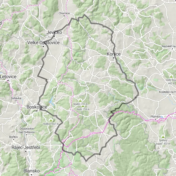 Map miniature of "Březinky Extended Road Loop" cycling inspiration in Severovýchod, Czech Republic. Generated by Tarmacs.app cycling route planner