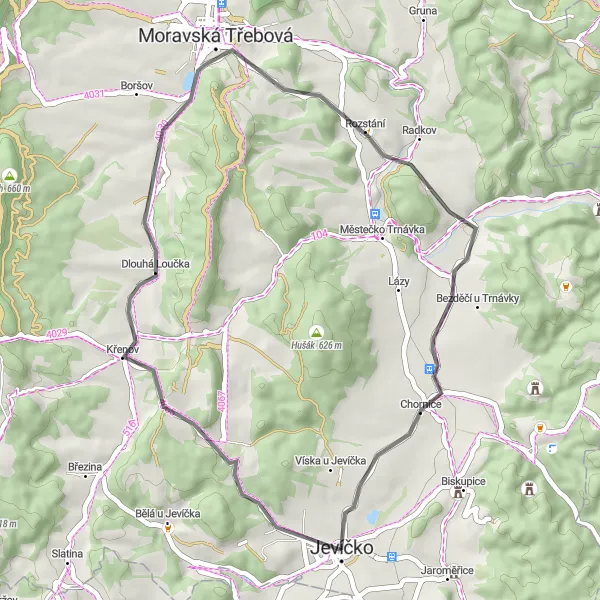 Mapa miniatúra "Výlet od Kumperka späť do Jevíčka" cyklistická inšpirácia v Severovýchod, Czech Republic. Vygenerované cyklistickým plánovačom trás Tarmacs.app