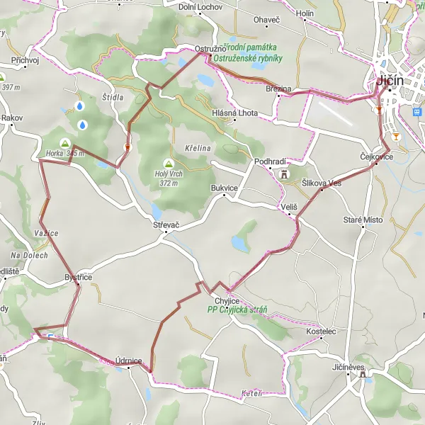 Miniaturní mapa "Okruh kolem Jičína" inspirace pro cyklisty v oblasti Severovýchod, Czech Republic. Vytvořeno pomocí plánovače tras Tarmacs.app