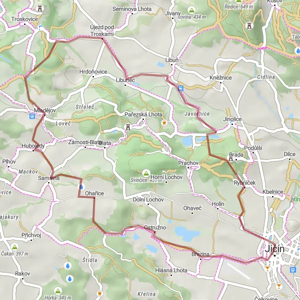 Map miniature of "Ohařice and Javornice Gravel Route" cycling inspiration in Severovýchod, Czech Republic. Generated by Tarmacs.app cycling route planner