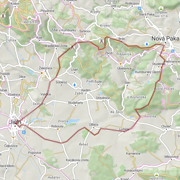 Miniaturní mapa "Okružní trasa kolem Jičína" inspirace pro cyklisty v oblasti Severovýchod, Czech Republic. Vytvořeno pomocí plánovače tras Tarmacs.app