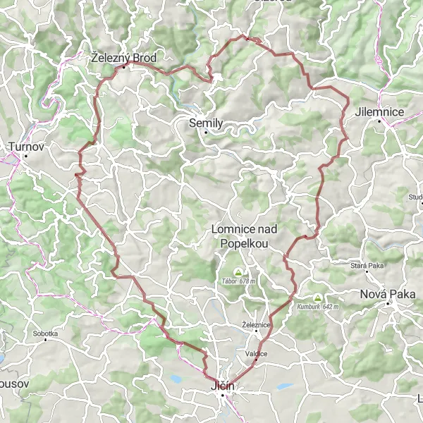 Map miniature of "Jičín Gravel Adventure" cycling inspiration in Severovýchod, Czech Republic. Generated by Tarmacs.app cycling route planner