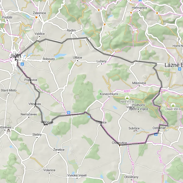 Karten-Miniaturansicht der Radinspiration "Malerische Straßenroute um Jičín" in Severovýchod, Czech Republic. Erstellt vom Tarmacs.app-Routenplaner für Radtouren