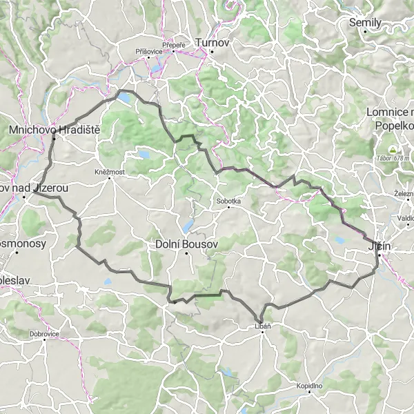 Karten-Miniaturansicht der Radinspiration "Herausfordernde Straßenroute um Jičín" in Severovýchod, Czech Republic. Erstellt vom Tarmacs.app-Routenplaner für Radtouren