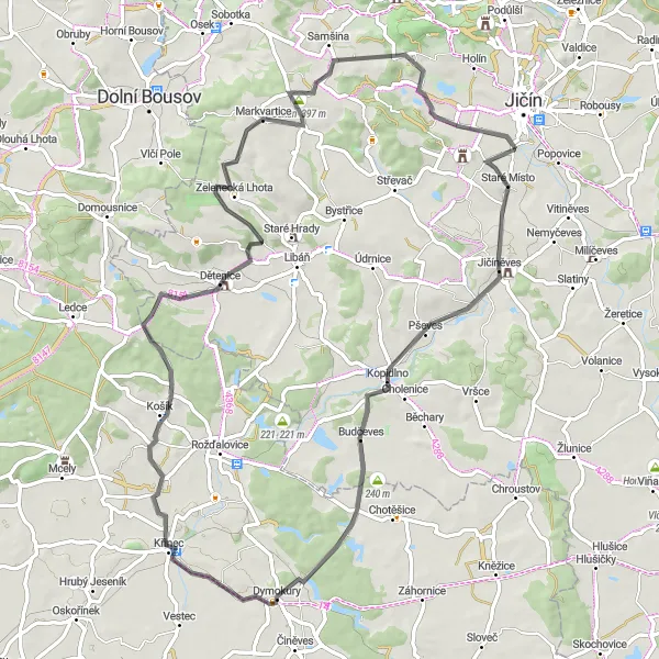 Miniaturní mapa "Okruh okolo Jičína a severovýchodu" inspirace pro cyklisty v oblasti Severovýchod, Czech Republic. Vytvořeno pomocí plánovače tras Tarmacs.app