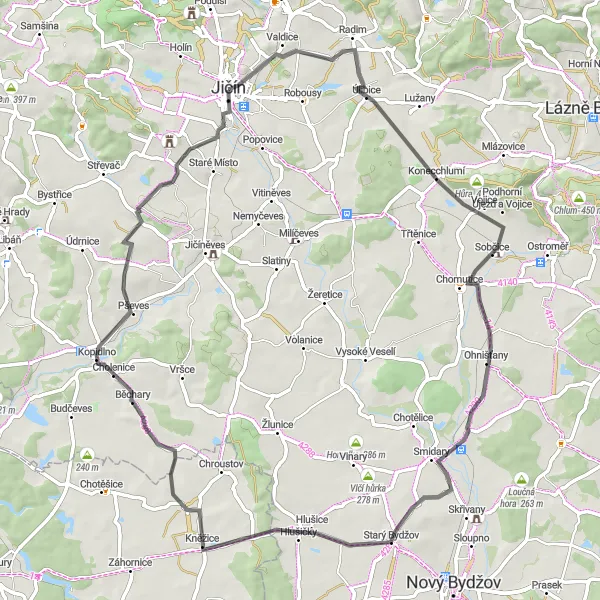 Mapa miniatúra "Road trasa kolem Jičína" cyklistická inšpirácia v Severovýchod, Czech Republic. Vygenerované cyklistickým plánovačom trás Tarmacs.app