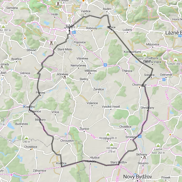 Map miniature of "Scenic Road to Běchary" cycling inspiration in Severovýchod, Czech Republic. Generated by Tarmacs.app cycling route planner