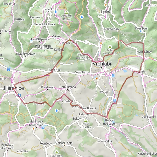 Mapa miniatúra "Gravelová trasa Valteřice - Jilemnice" cyklistická inšpirácia v Severovýchod, Czech Republic. Vygenerované cyklistickým plánovačom trás Tarmacs.app