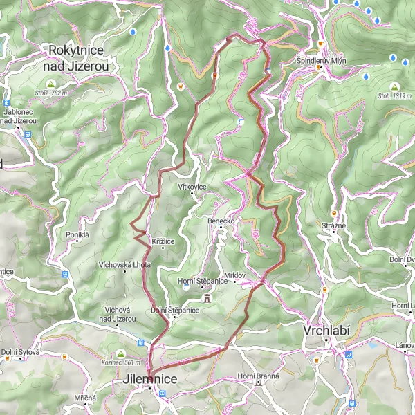 Miniaturní mapa "Gravelový okruh kolem Jilemnice" inspirace pro cyklisty v oblasti Severovýchod, Czech Republic. Vytvořeno pomocí plánovače tras Tarmacs.app