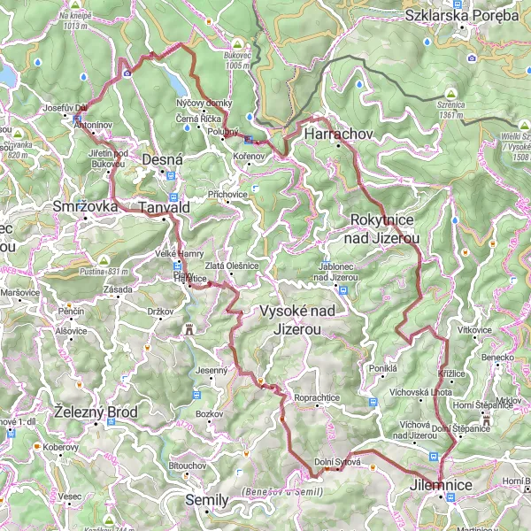 Map miniature of "Kozinec and Beyond" cycling inspiration in Severovýchod, Czech Republic. Generated by Tarmacs.app cycling route planner