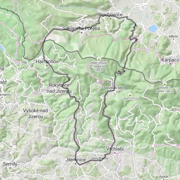 Map miniature of "In the Footsteps of Cyclists" cycling inspiration in Severovýchod, Czech Republic. Generated by Tarmacs.app cycling route planner