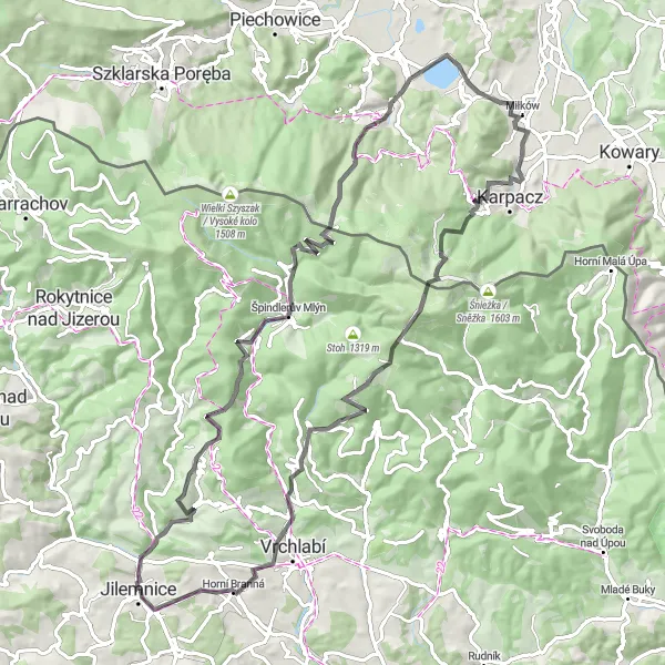 Mapa miniatúra "Silniční trasa Jilemnice - Žlábek" cyklistická inšpirácia v Severovýchod, Czech Republic. Vygenerované cyklistickým plánovačom trás Tarmacs.app