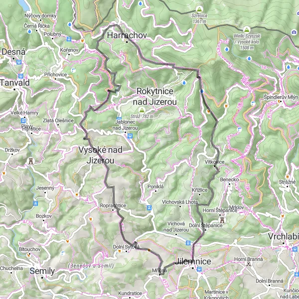 Mapa miniatúra "Silniční trasa Peřimov - Hrabačov" cyklistická inšpirácia v Severovýchod, Czech Republic. Vygenerované cyklistickým plánovačom trás Tarmacs.app