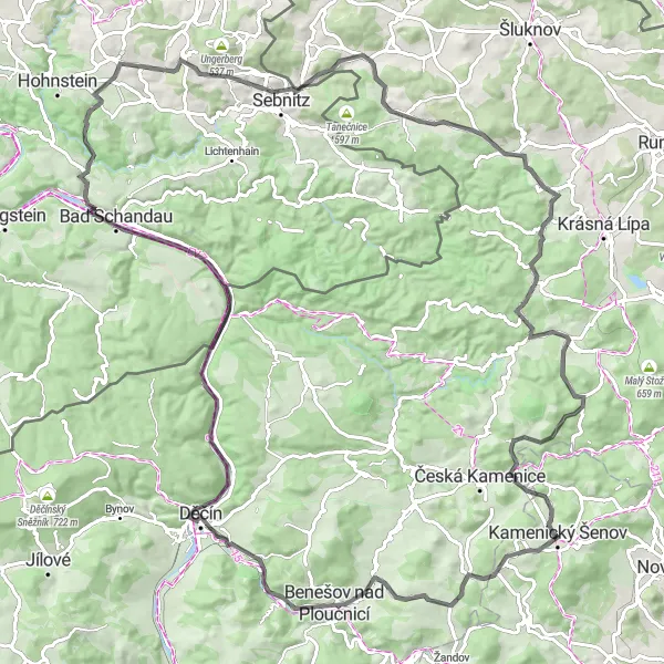 Mapa miniatúra "Náročný okruh přes Dolní Chřibskou a Bad Schandau" cyklistická inšpirácia v Severovýchod, Czech Republic. Vygenerované cyklistickým plánovačom trás Tarmacs.app