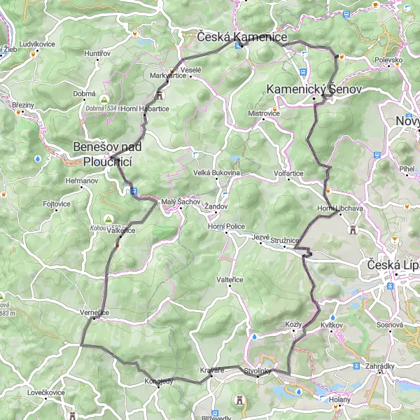 Mapa miniatúra "Kruhová cyklistická trasa okolo Kamenického Šenova" cyklistická inšpirácia v Severovýchod, Czech Republic. Vygenerované cyklistickým plánovačom trás Tarmacs.app