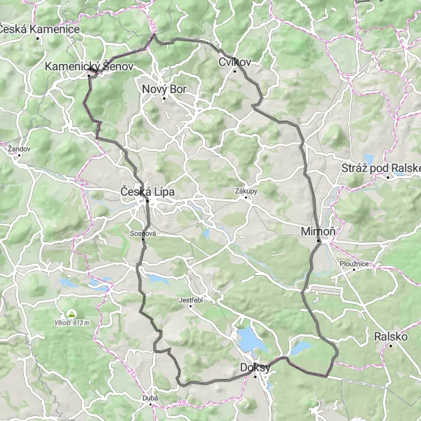 Mapa miniatúra "Road Kamenický Šenov - Severovýchod" cyklistická inšpirácia v Severovýchod, Czech Republic. Vygenerované cyklistickým plánovačom trás Tarmacs.app