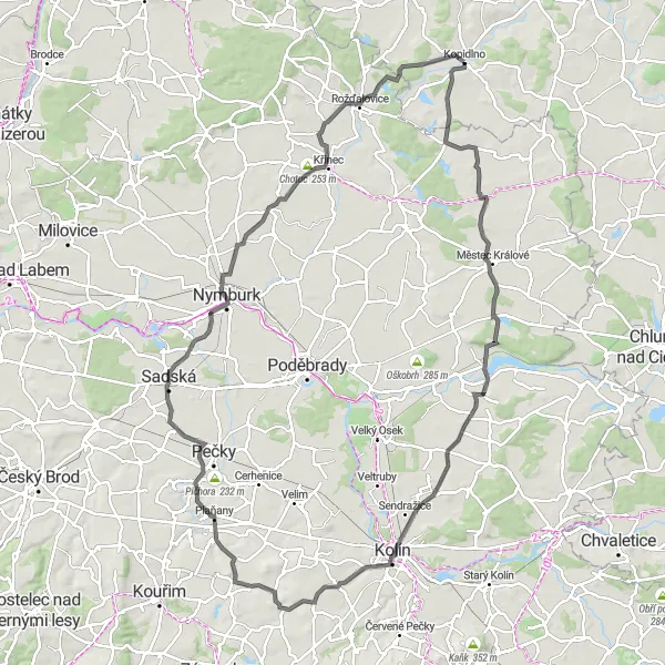 Mapa miniatúra "Vyžitie okolo Kopidla" cyklistická inšpirácia v Severovýchod, Czech Republic. Vygenerované cyklistickým plánovačom trás Tarmacs.app