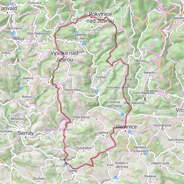 Mapa miniatúra "Gravel: Košťálov – Loukov – Petruškovy vrchy – Hejlov – Jestřabí v Krkonoších – Sýkoří – Jilemnice – Na Vrších – Libštát" cyklistická inšpirácia v Severovýchod, Czech Republic. Vygenerované cyklistickým plánovačom trás Tarmacs.app