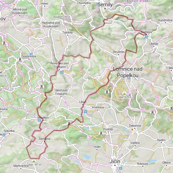 Map miniature of "Gravel Route: Košťálov Exploration" cycling inspiration in Severovýchod, Czech Republic. Generated by Tarmacs.app cycling route planner