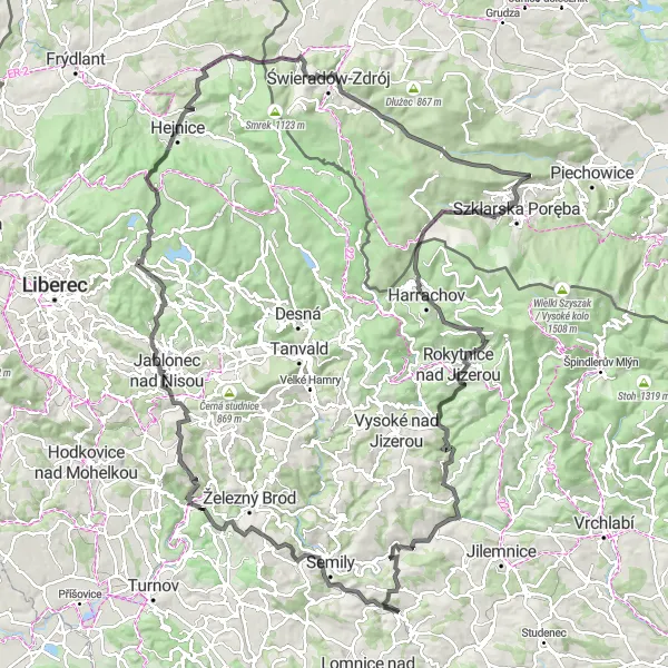 Mapa miniatúra "Cyklistická trasa Košťálov - Severovýchod" cyklistická inšpirácia v Severovýchod, Czech Republic. Vygenerované cyklistickým plánovačom trás Tarmacs.app