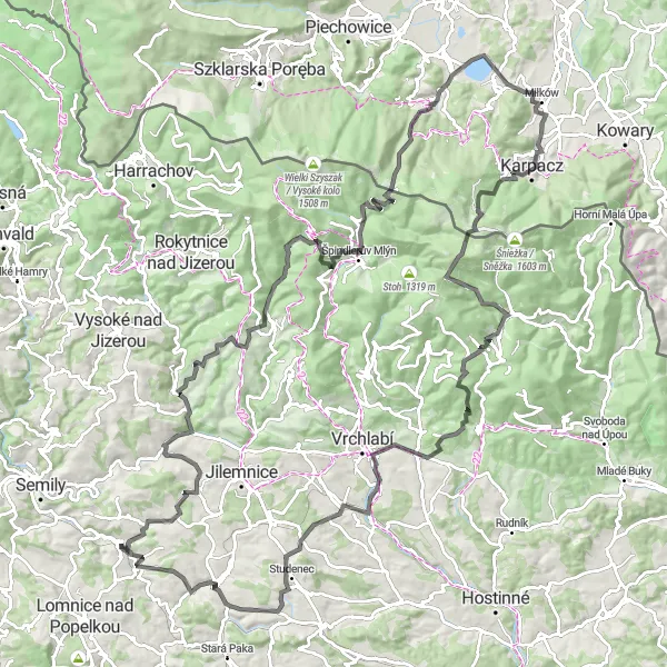 Miniaturní mapa "Road Cycling Adventure to Karpacz" inspirace pro cyklisty v oblasti Severovýchod, Czech Republic. Vytvořeno pomocí plánovače tras Tarmacs.app