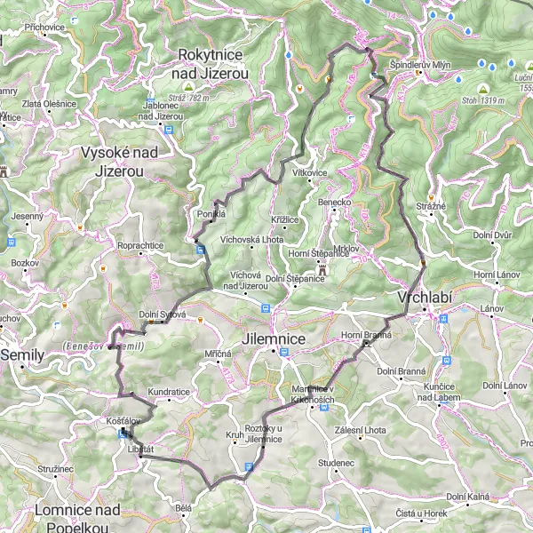 Miniaturní mapa "Okruh kolem Košťálova po silnici" inspirace pro cyklisty v oblasti Severovýchod, Czech Republic. Vytvořeno pomocí plánovače tras Tarmacs.app