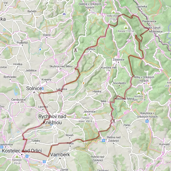 Miniaturní mapa "Gravelová dobrodružství v Orlických horách" inspirace pro cyklisty v oblasti Severovýchod, Czech Republic. Vytvořeno pomocí plánovače tras Tarmacs.app