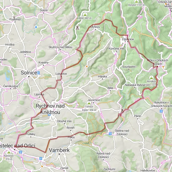 Miniaturní mapa "Gravelový výlet kolem Kostelce nad Orlicí" inspirace pro cyklisty v oblasti Severovýchod, Czech Republic. Vytvořeno pomocí plánovače tras Tarmacs.app