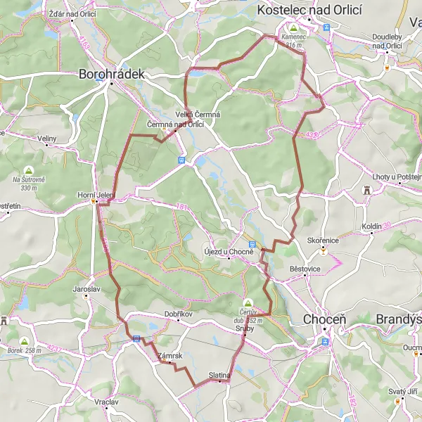 Miniaturní mapa "Gravelová exkurze krajinou" inspirace pro cyklisty v oblasti Severovýchod, Czech Republic. Vytvořeno pomocí plánovače tras Tarmacs.app