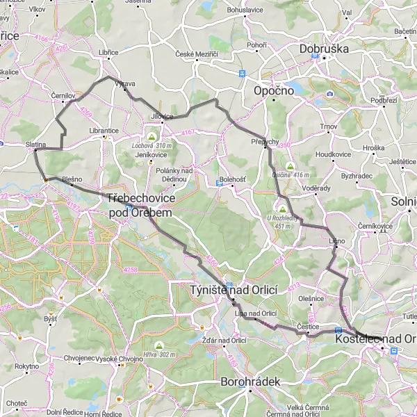 Map miniature of "Countryside Delight" cycling inspiration in Severovýchod, Czech Republic. Generated by Tarmacs.app cycling route planner