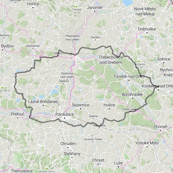 Map miniature of "Road Cycling Extravaganza" cycling inspiration in Severovýchod, Czech Republic. Generated by Tarmacs.app cycling route planner