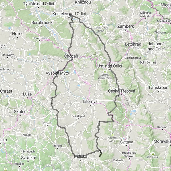 Karten-Miniaturansicht der Radinspiration "Charmante Dörfer und Aussichten" in Severovýchod, Czech Republic. Erstellt vom Tarmacs.app-Routenplaner für Radtouren