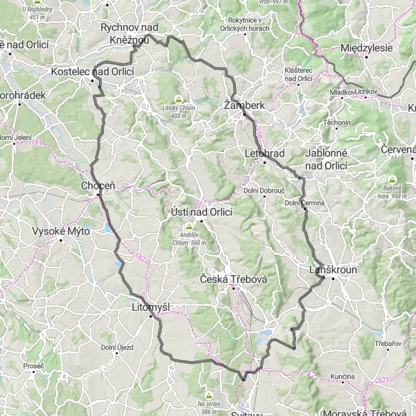 Miniaturní mapa "Historické cyklotrilogy" inspirace pro cyklisty v oblasti Severovýchod, Czech Republic. Vytvořeno pomocí plánovače tras Tarmacs.app