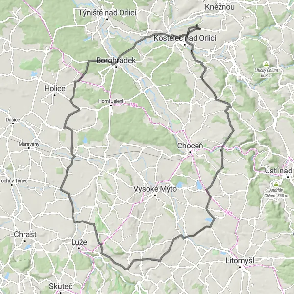 Map miniature of "The Loučná Road Marathon" cycling inspiration in Severovýchod, Czech Republic. Generated by Tarmacs.app cycling route planner