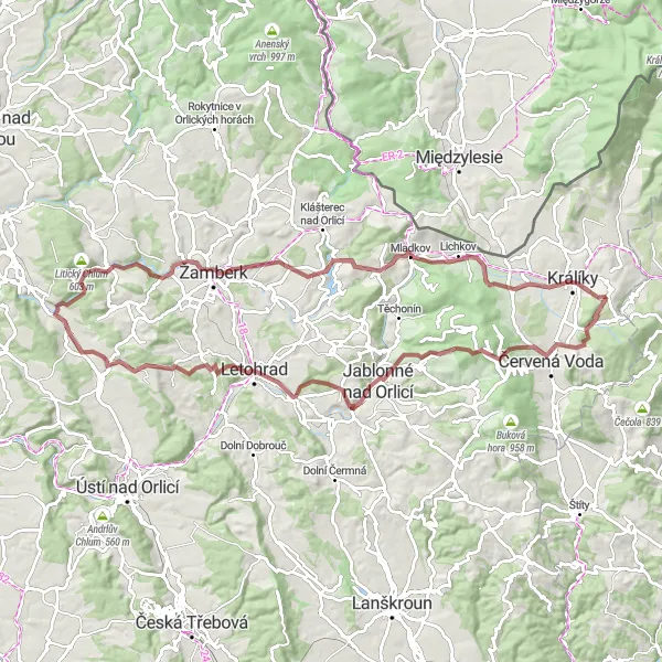 Map miniature of "Dolní Hedeč Gravel Adventure" cycling inspiration in Severovýchod, Czech Republic. Generated by Tarmacs.app cycling route planner