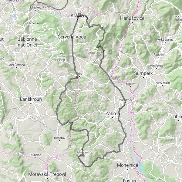 Map miniature of "Králíky to Červená Voda Road Route" cycling inspiration in Severovýchod, Czech Republic. Generated by Tarmacs.app cycling route planner