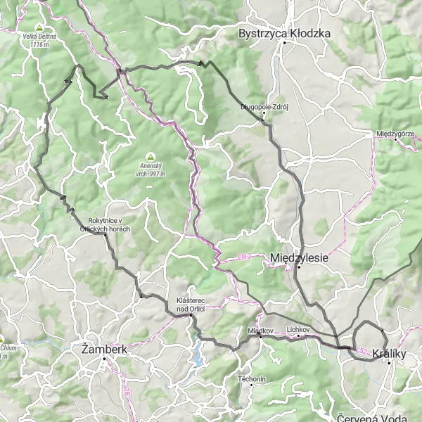 Miniaturní mapa "Okruh kolem Králík na silnici" inspirace pro cyklisty v oblasti Severovýchod, Czech Republic. Vytvořeno pomocí plánovače tras Tarmacs.app
