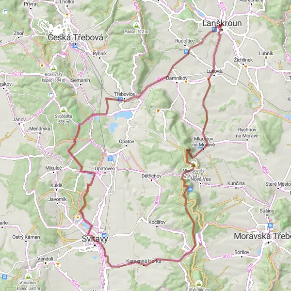 Mapa miniatúra "Gravel okolo Lanškrouna" cyklistická inšpirácia v Severovýchod, Czech Republic. Vygenerované cyklistickým plánovačom trás Tarmacs.app