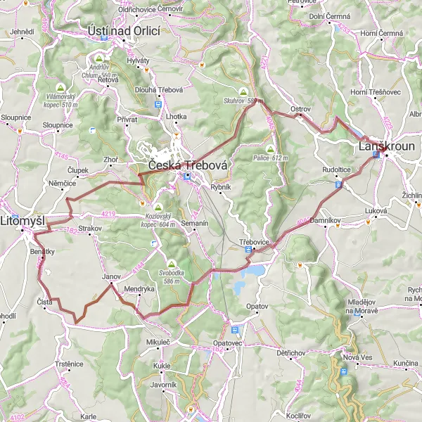 Mapa miniatúra "Gravelová trasa kolem Lanškrouna" cyklistická inšpirácia v Severovýchod, Czech Republic. Vygenerované cyklistickým plánovačom trás Tarmacs.app