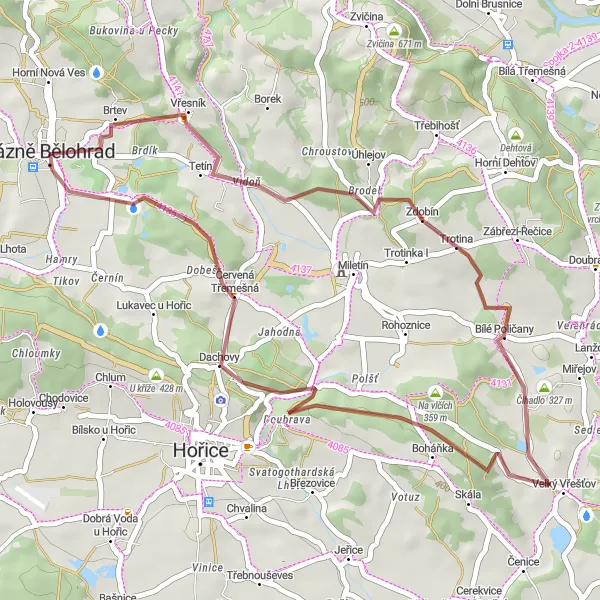 Miniaturní mapa "Gravel okolo Lázní Bělohrad s výškovým převýšením 559 m" inspirace pro cyklisty v oblasti Severovýchod, Czech Republic. Vytvořeno pomocí plánovače tras Tarmacs.app