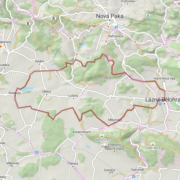 Miniaturní mapa "Gravelová cyklotrasa okolo Lázní Bělohradu" inspirace pro cyklisty v oblasti Severovýchod, Czech Republic. Vytvořeno pomocí plánovače tras Tarmacs.app