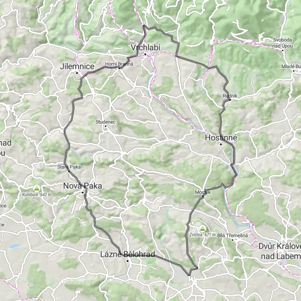 Mapa miniatúra "Okruh kolem Lázní Bělohrad (silnice)" cyklistická inšpirácia v Severovýchod, Czech Republic. Vygenerované cyklistickým plánovačom trás Tarmacs.app