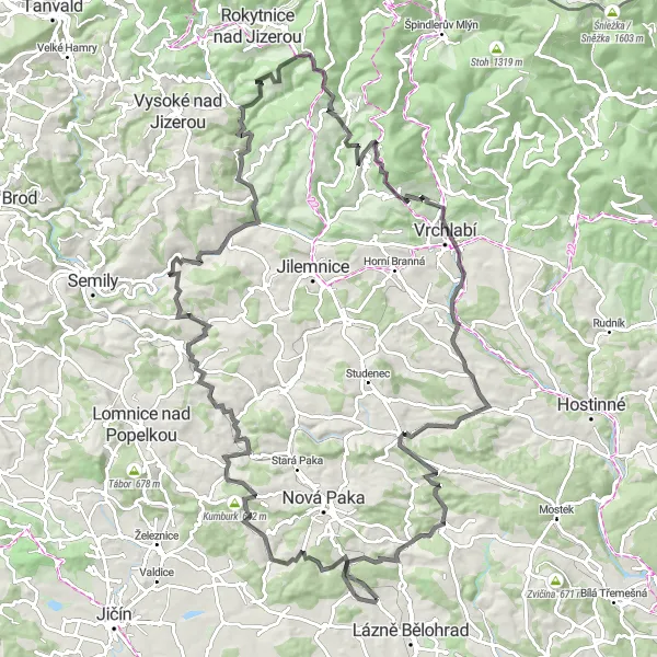 Miniaturní mapa "Okruh do hor kolem Lázní Bělohradu" inspirace pro cyklisty v oblasti Severovýchod, Czech Republic. Vytvořeno pomocí plánovače tras Tarmacs.app