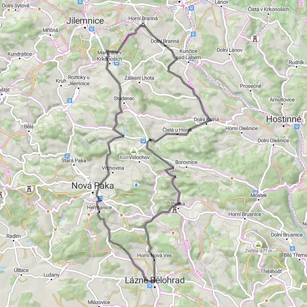 Miniaturní mapa "Silnice okolo Lázní Bělohrad s výškovým převýšením 728 m" inspirace pro cyklisty v oblasti Severovýchod, Czech Republic. Vytvořeno pomocí plánovače tras Tarmacs.app