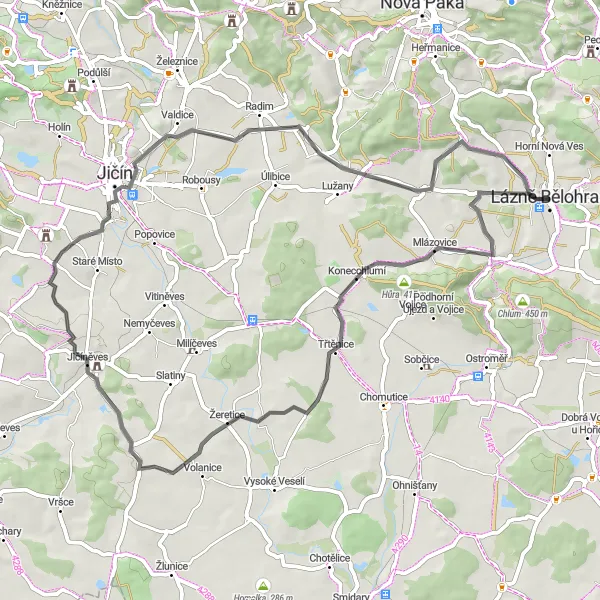 Miniaturní mapa "Silnice okolo Lázní Bělohrad s výškovým převýšením 435 m" inspirace pro cyklisty v oblasti Severovýchod, Czech Republic. Vytvořeno pomocí plánovače tras Tarmacs.app