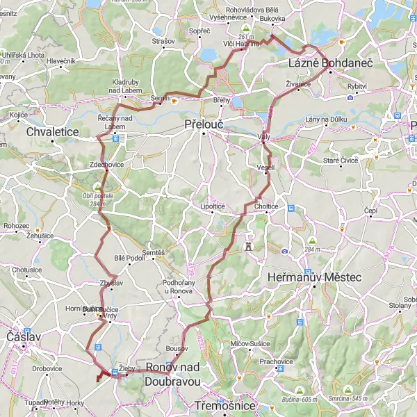 Mapa miniatúra "Gravelový okruh cez prírodné scenérie" cyklistická inšpirácia v Severovýchod, Czech Republic. Vygenerované cyklistickým plánovačom trás Tarmacs.app