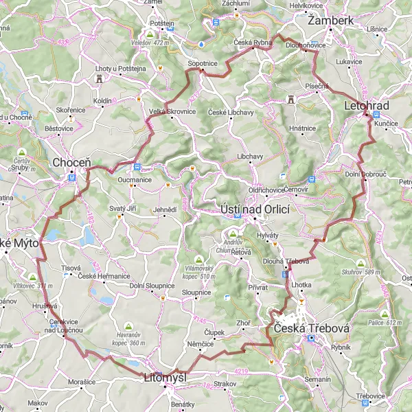 Map miniature of "Historical Tour through Litomyšl Castle and Podrážek" cycling inspiration in Severovýchod, Czech Republic. Generated by Tarmacs.app cycling route planner